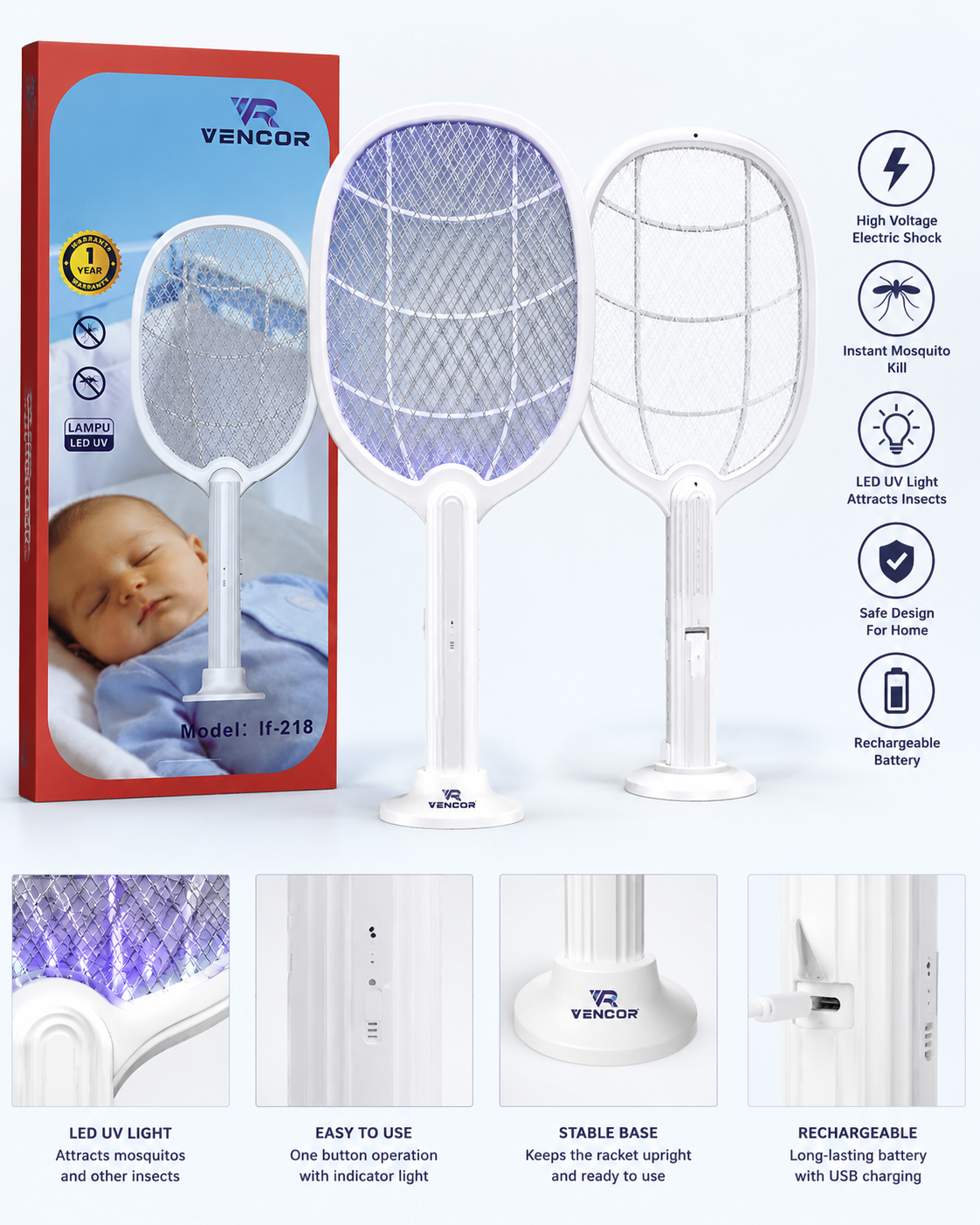 Raquette Électrique Anti-Moustiques Rechargeable avec Lumière UV LED – VENOR IF-218-مضرب كهربائي قاتل للبعوض والحشرات مع ضوء UV LED قابل للشحن – VENOR IF-218